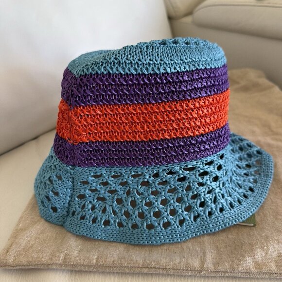 NWT GUCCI  Gg-Logo Striped Faux-Raffia Hat $750 SZ S Bucket Purple Blue Red - Picture 8 of 10